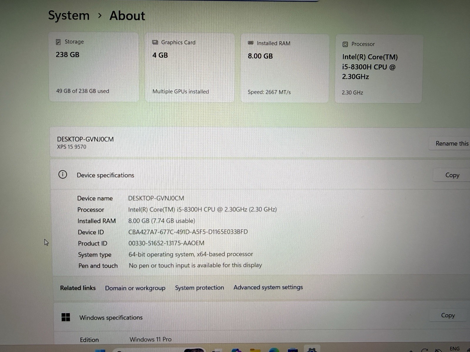 Dell XPS 15 9570 Intel Core i5-8300H 2.3GHz 8GB RAM 256GB NVMe GTX 1050 No OS