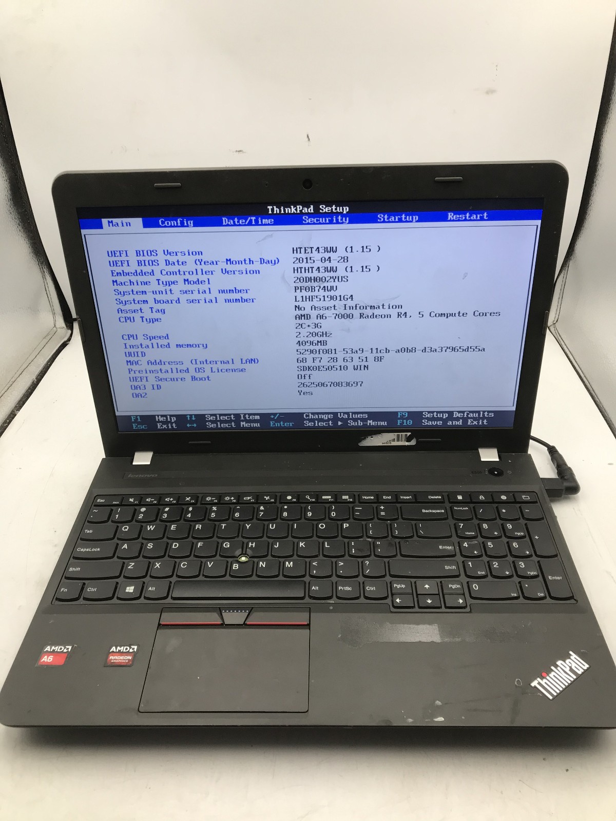 LENOVO THINKPAD E555 – BOOTS TO BIOS – AMD A6 7000 – NO RAM – READ DESCRIP – BB!