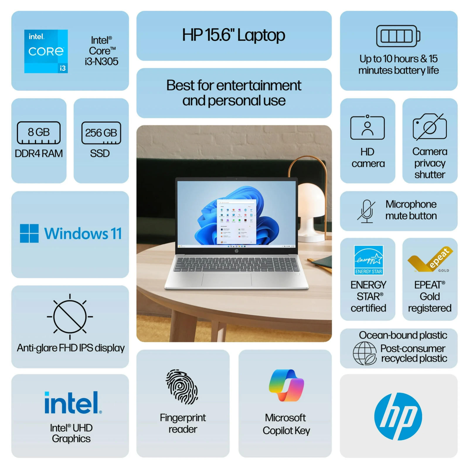 HP 15.6 inch FHD IPS Windows Laptop Intel Core i3-N305 8GB RAM 256GB Silver