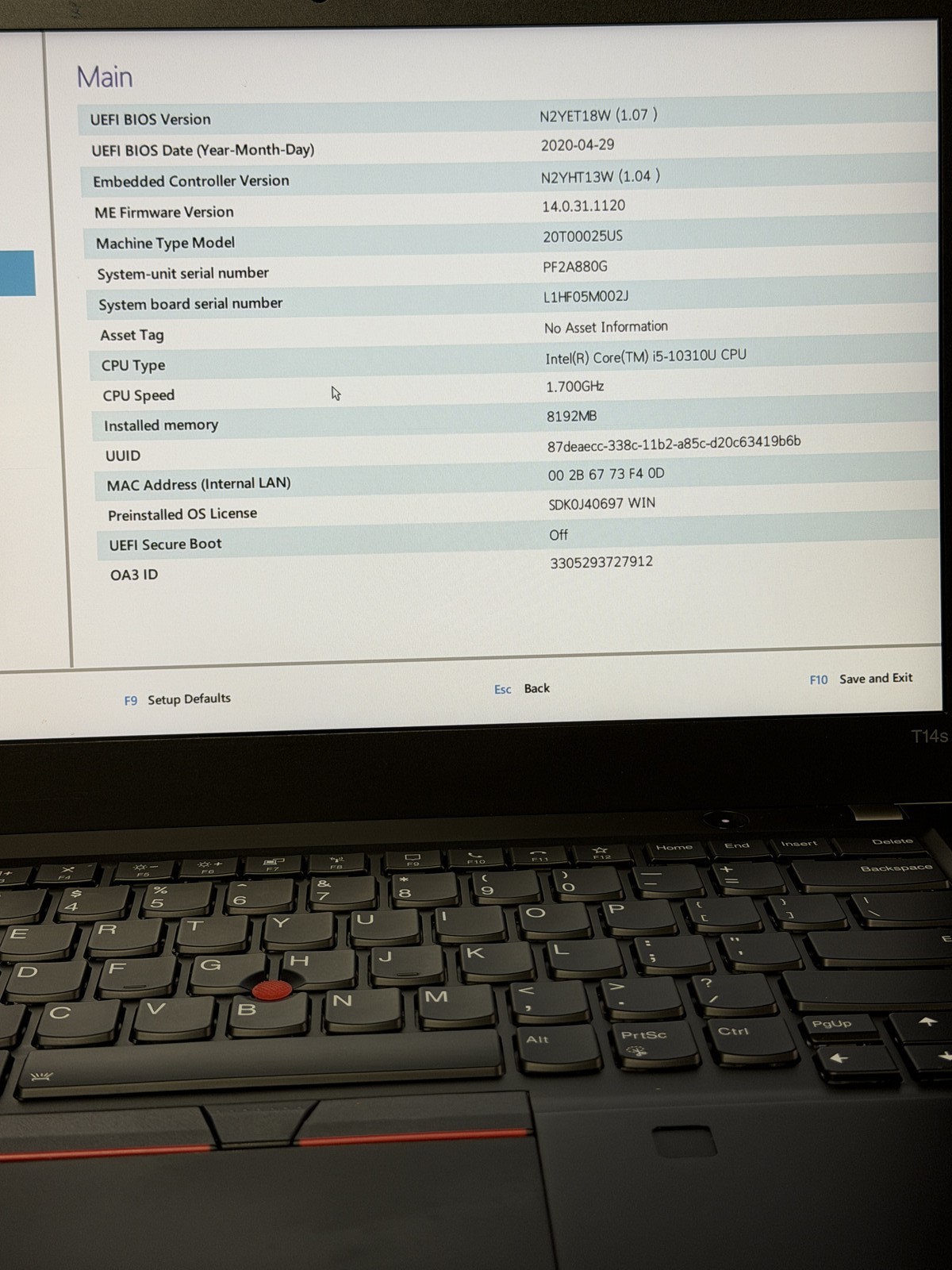 Lenovo ThinkPad T14s (Gen 1) 14inch i5-10310U 8GB 256GB NO OS Read