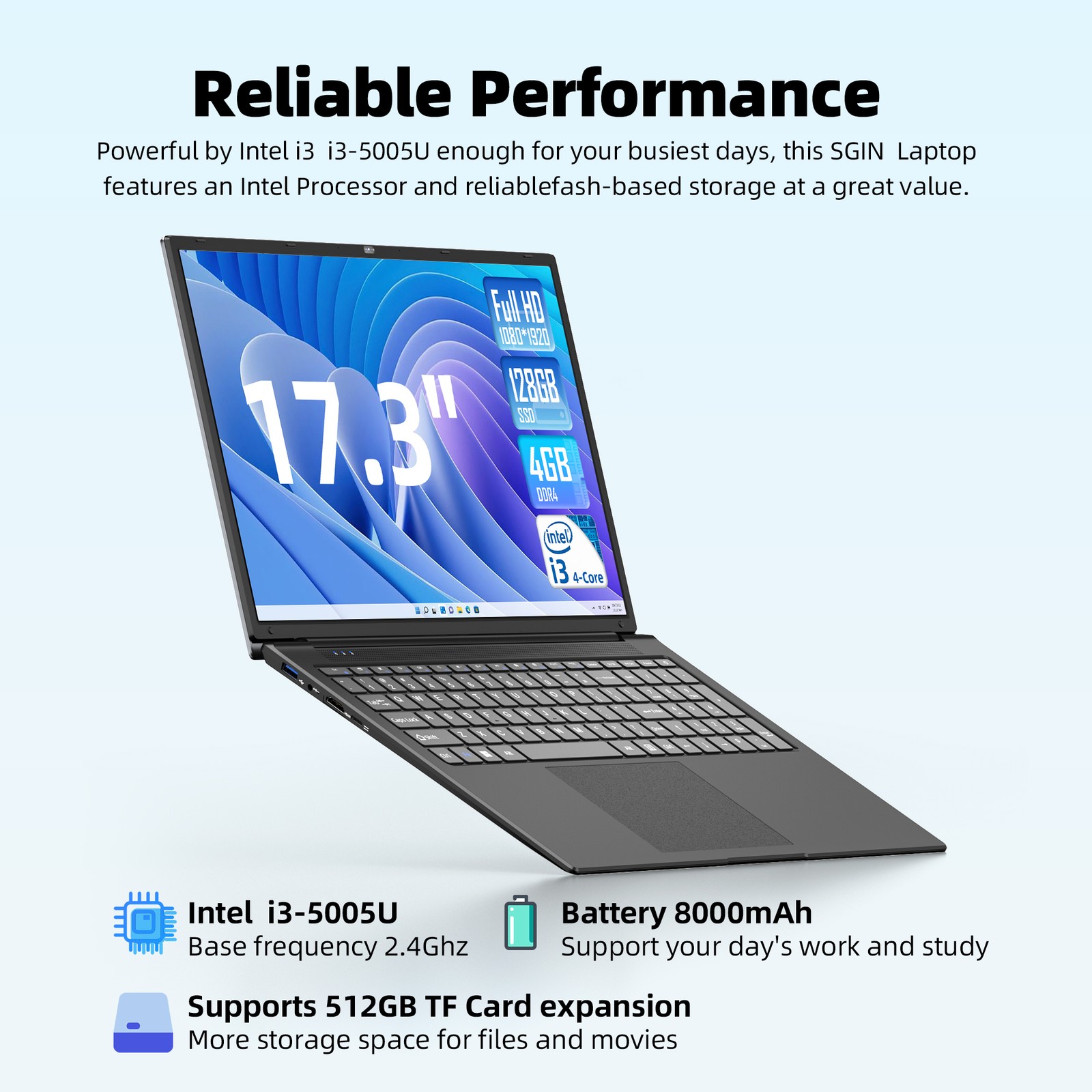 SGIN 17.3 inch Laptop Intel 4-Cores 12GB RAM 128GB 256GB 512GB SSD Computer WIFI