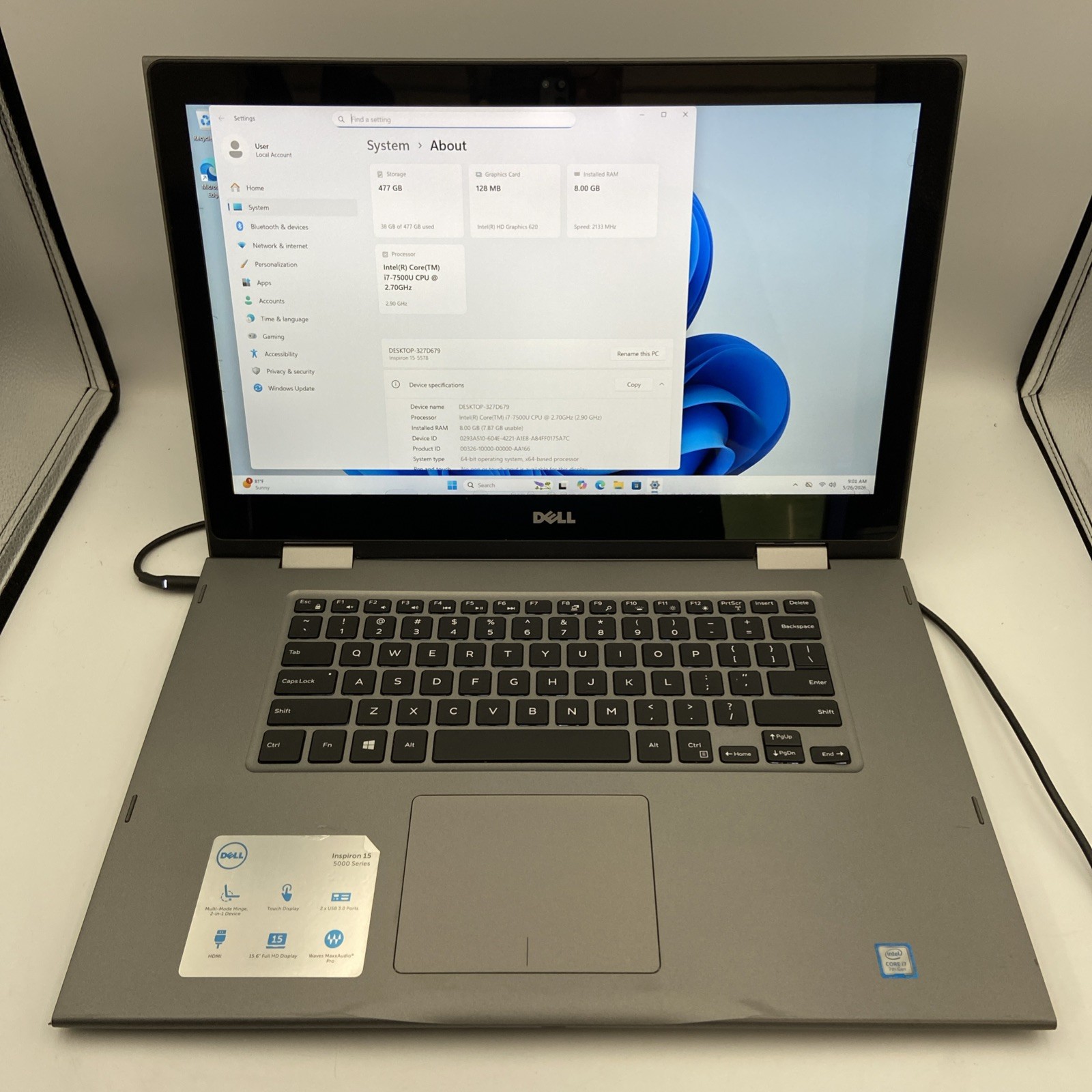 Dell Inspiron 15 5578 2-in-1 Touch i7-7500U @ 2.7GHz 8GB RAM 512GB SSD W11H-READ