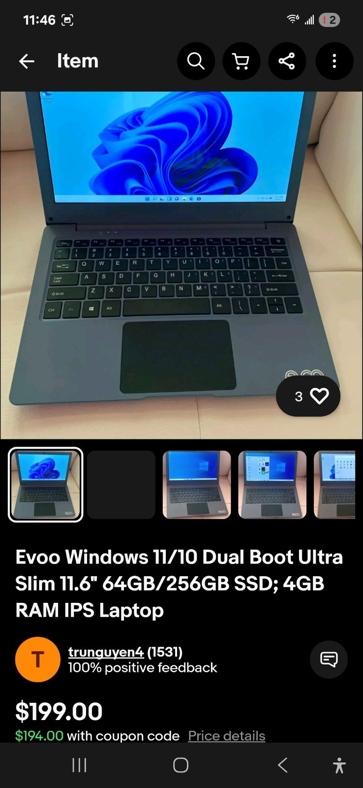Evoo TEV-C-116-1-PR 11.6 inch (32GB, Intel Celeron, 1.10GHz, 4GB)…