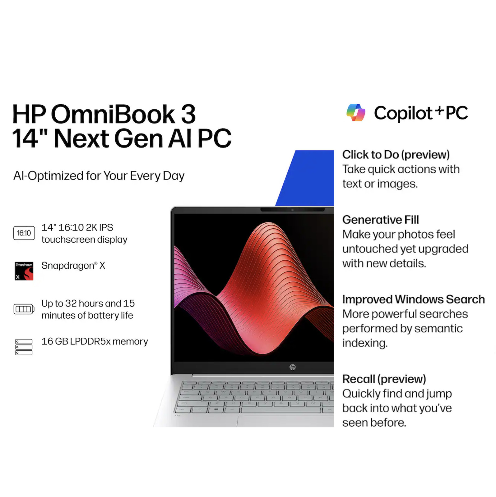 HP OmniBook 14″ 1920×1200 Snapdragon X X1-26-100 16GB RAM 1TB SSD Windows 11 Pro