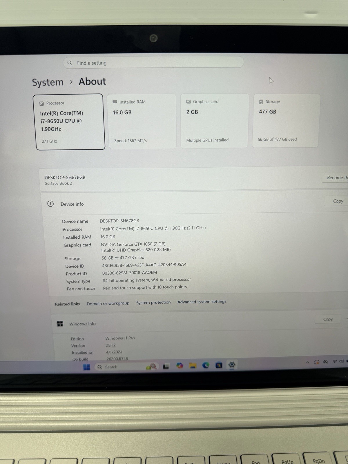 Microsoft Surface Book 2 13.5″ i7-8650U 16GB RAM 512GB SSD GTX 1050 2GB Win 11 P
