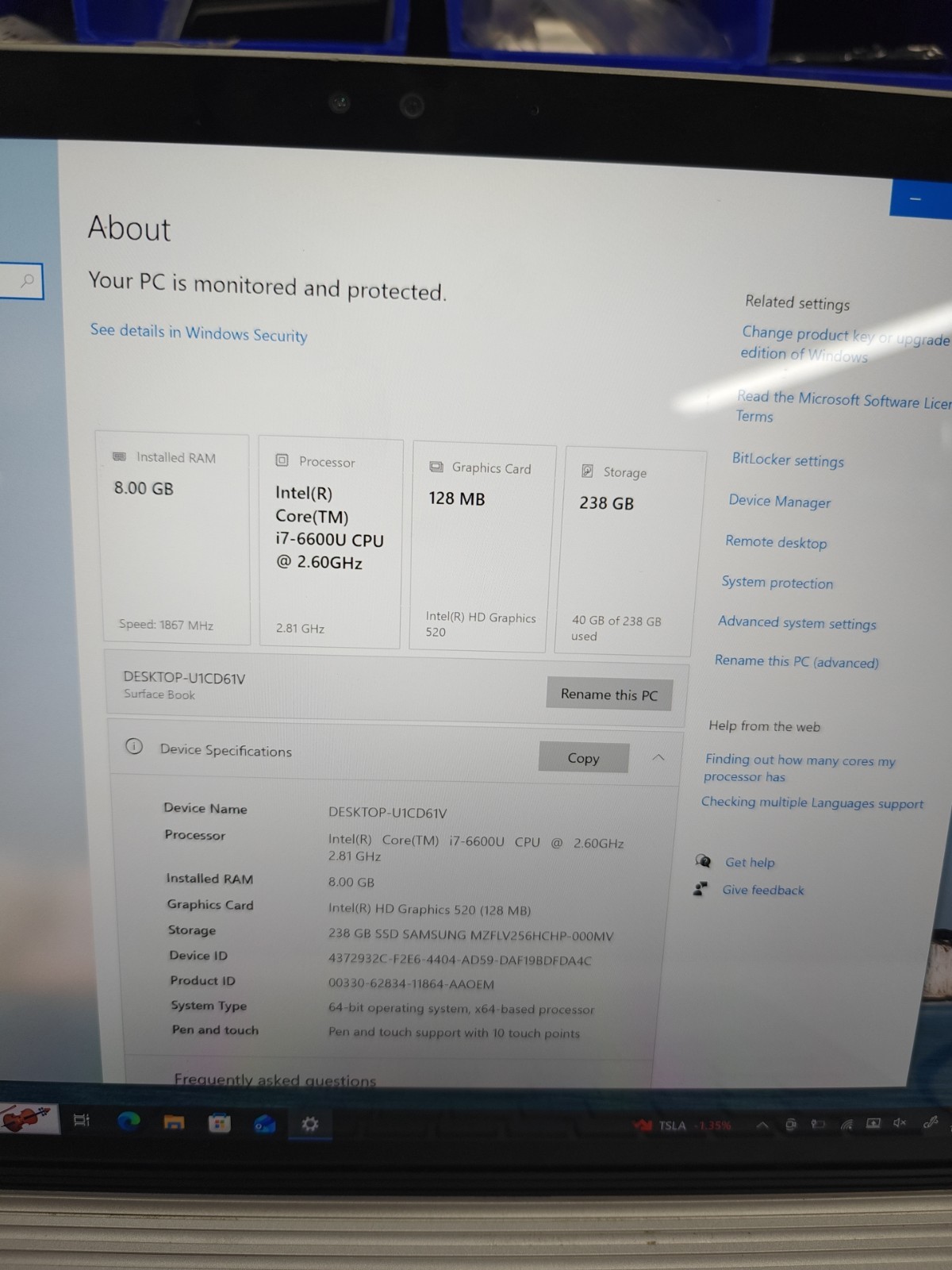 Only Works Plugged In Microsoft Surface Book 13.5 i7 256/8 GB W10 Pro #SB13