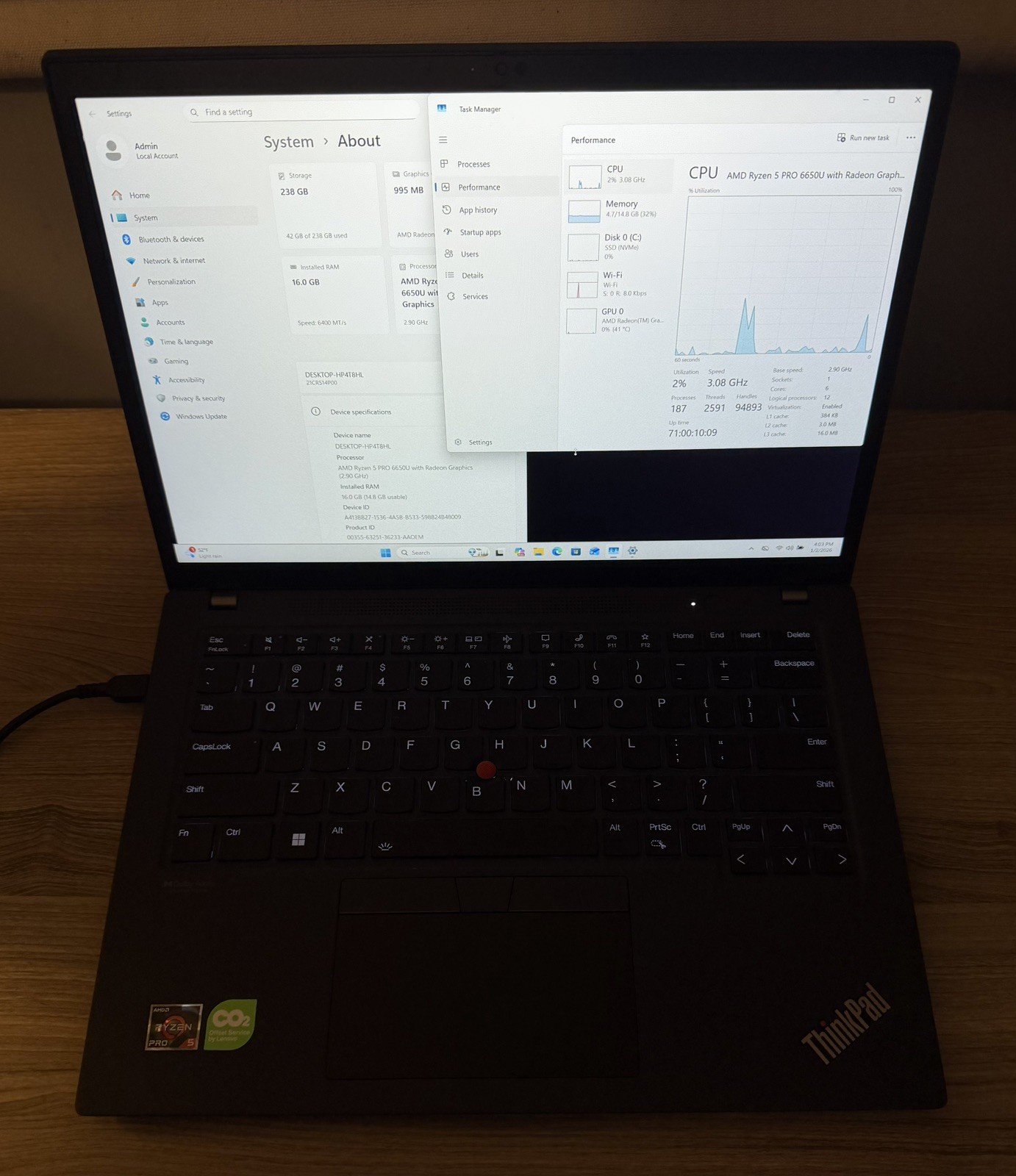 Lenovo ThinkPad T14s Gen 3 (2023), Ryzen 5 Pro 6650U, 16GB, 256GB, Win 11 Pro