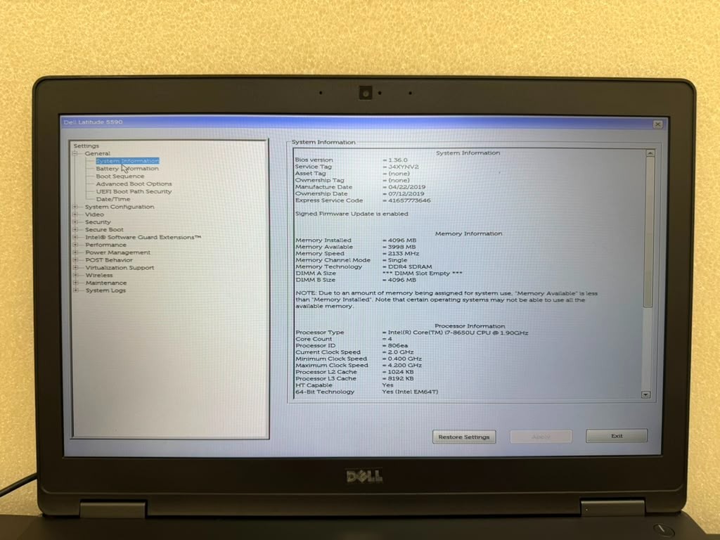Dell Latitude 5590 15.6″ i7-8650U 4GB RAM 0 SSD MISSING BATTERY LCD Spot Used