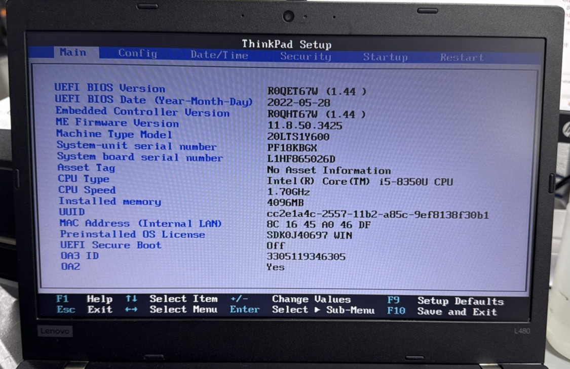 Lenovo ThinkPad L480 | Core i5-8350U | NO RAM | NO SSD | Keyboard Issue