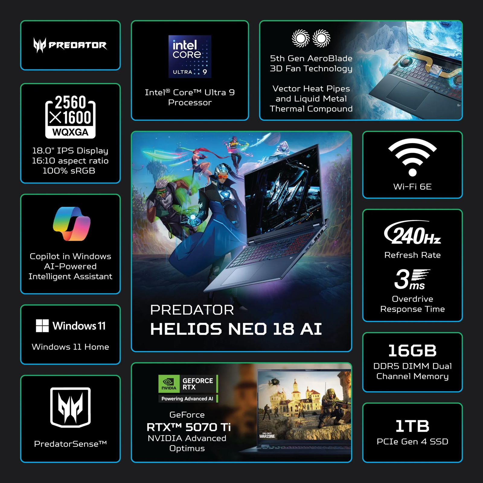 Predator Helios Neo 18 AI 18” WQXGA IPS 240Hz Gaming Laptop