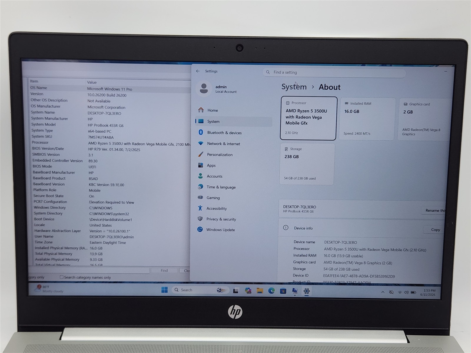 HP ProBook 455R G6 15″ AMD Ryzen 5 3500u 16GB RAM 256GB SSD Laptop ~NO AC~