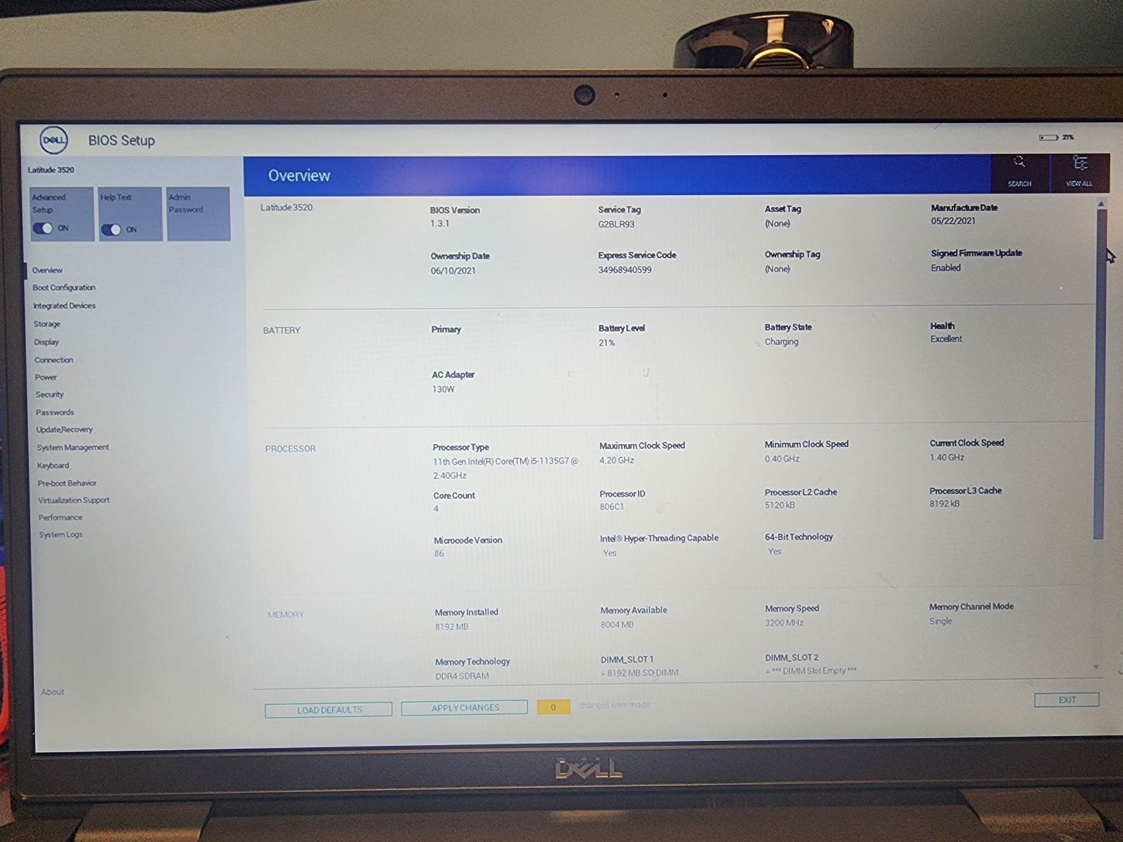 Dell Latitude 3520 15.6″ Laptop i5-1135 G7 8GB RAM NO SSD NO OS Boots to Bios