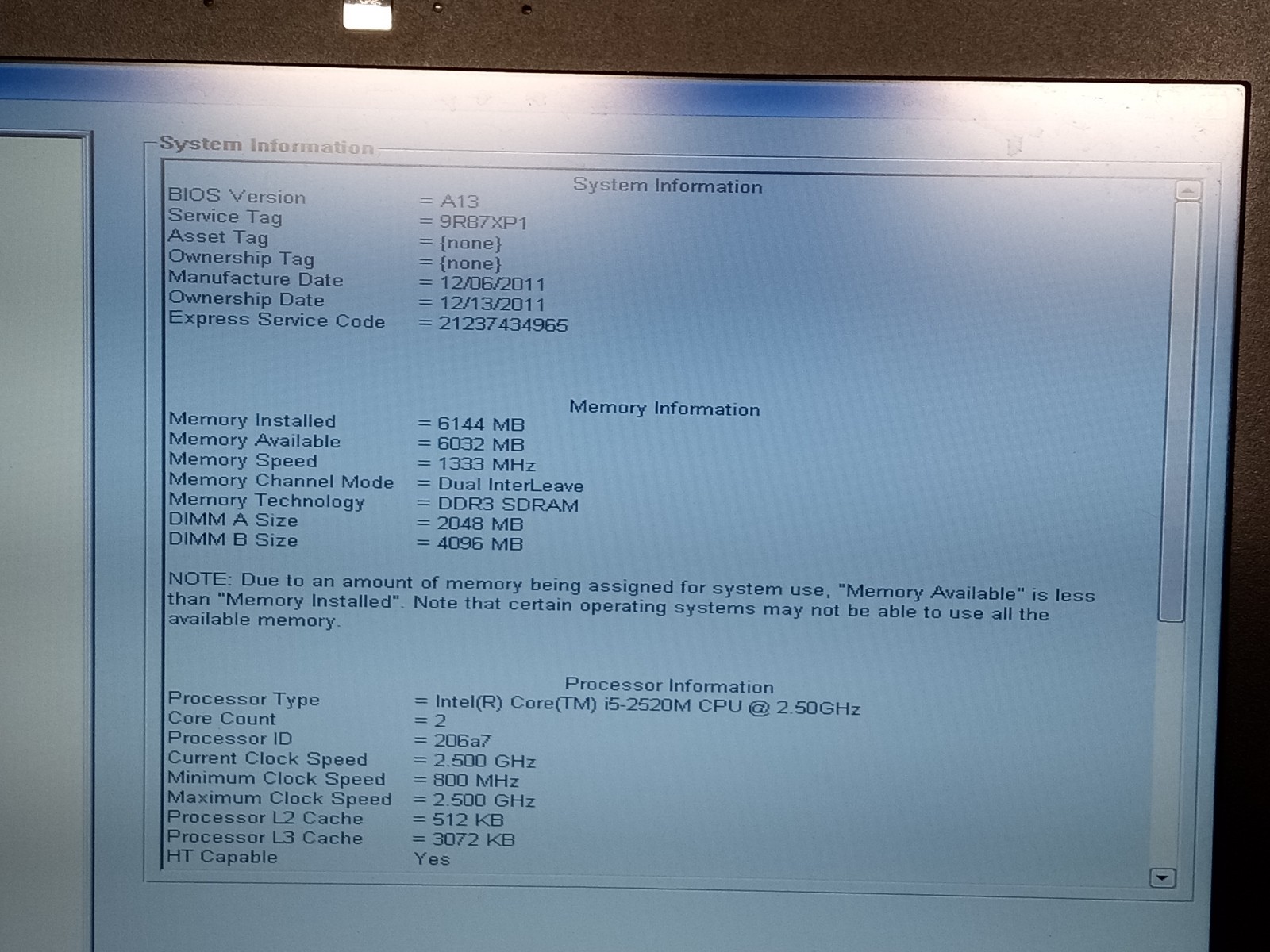 Dell Latitude E6220 Intel Core i5-2520M 2.50GHz 6GB NO HDD