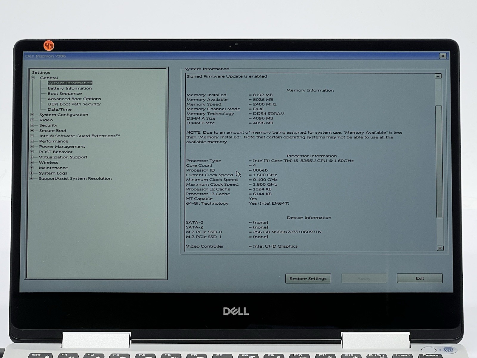 Dell Inspiron 7386, i5-8265U CPU, @ 1.60GHz, 8GB RAM, 256GB NVMe-No OS/Charger