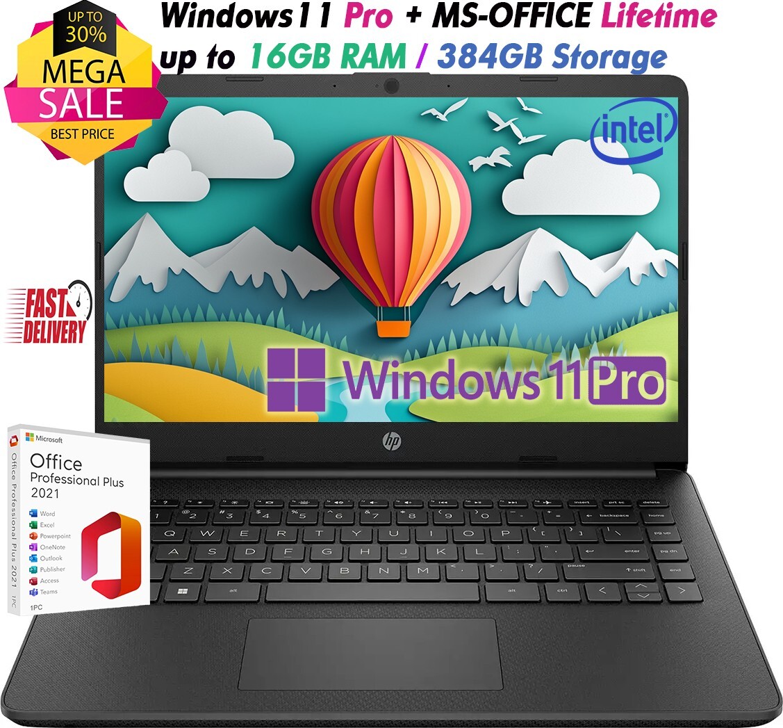 HP 14″ Laptop HD Intel 4-Core Up to 16GB RAM&384GB Storage Win11Pro+OFFICE Black