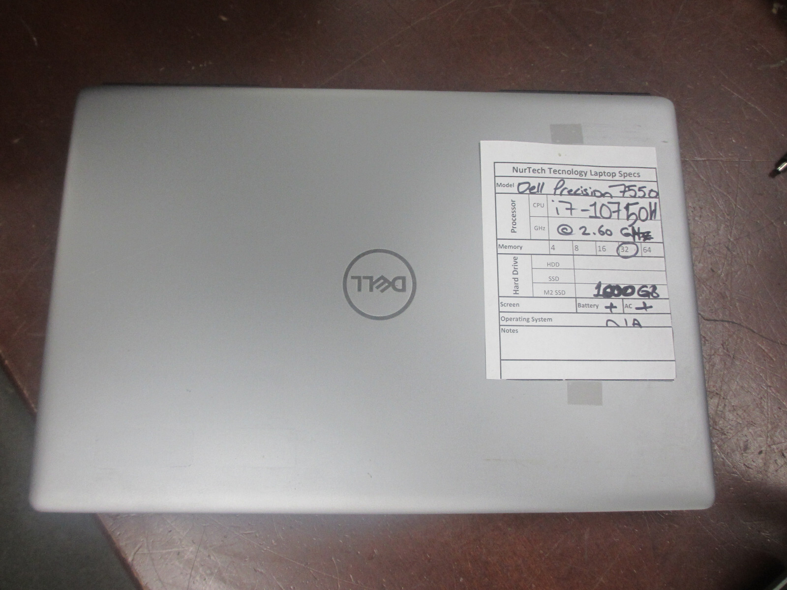 DELL PRECISION 7550 I7-10750H 2.60GHz 32GB 1TB M2 SSD Laptop w/ AC [NO OS]