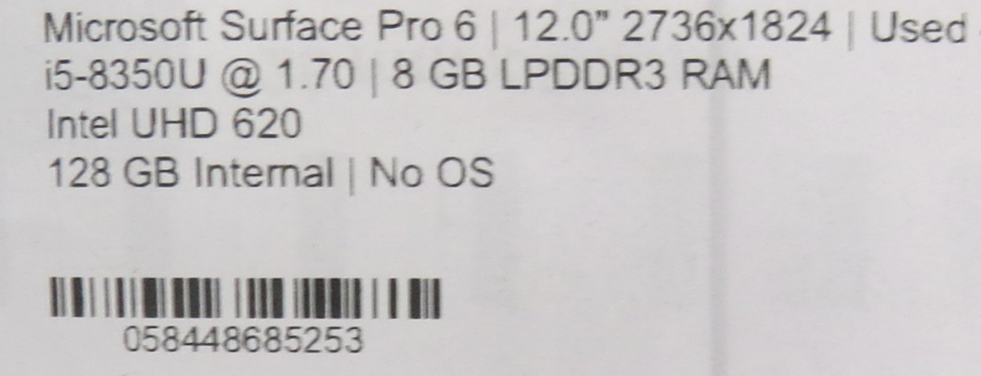 Surface Pro 6 1796 Tablet | i5-8350U | 128GB Internal | 8GB RAM | No OS