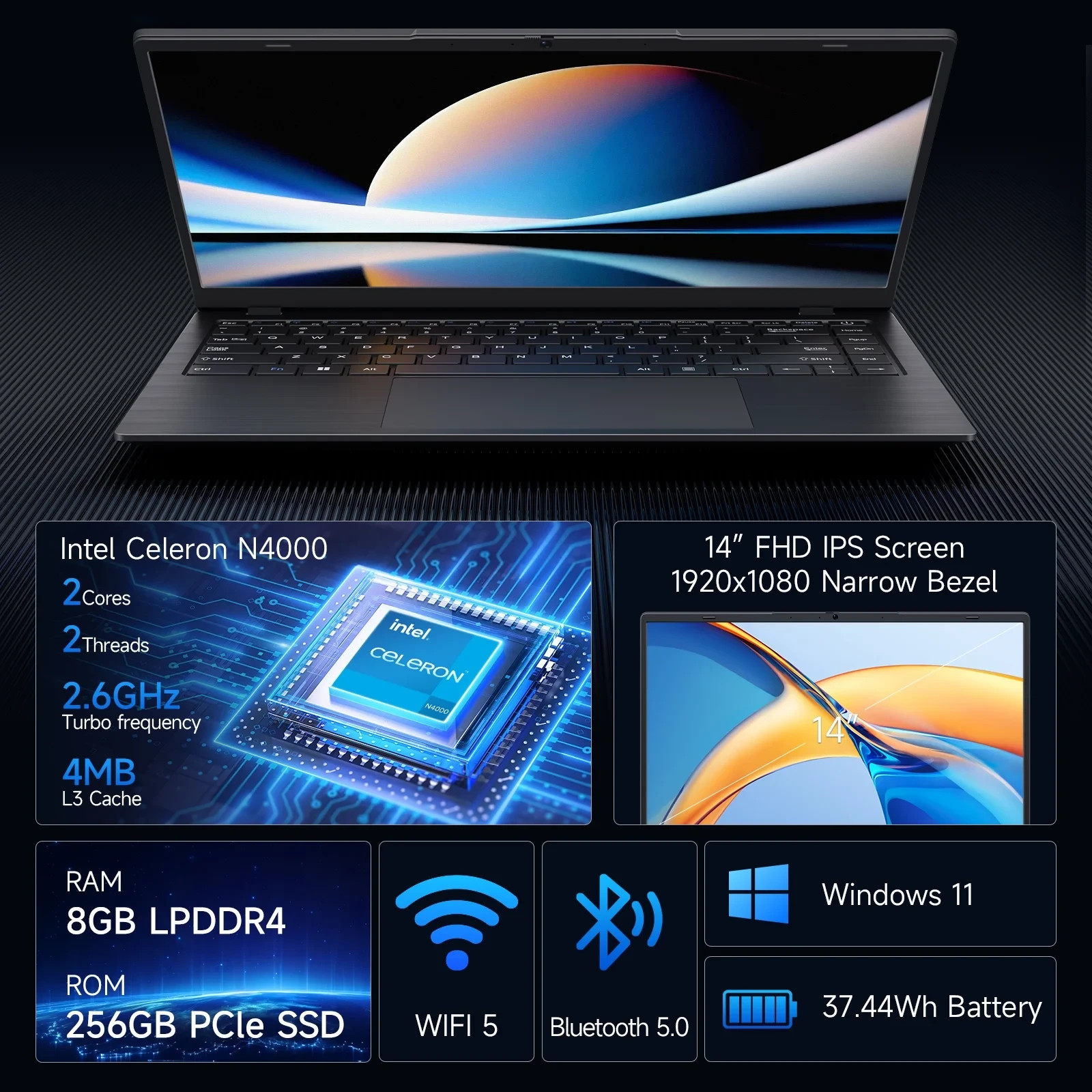 RNRUO 14 inch Windows 11 Laptops New Intel Celeron N4020 Up to 2.6Ghz 8GB RAM 25