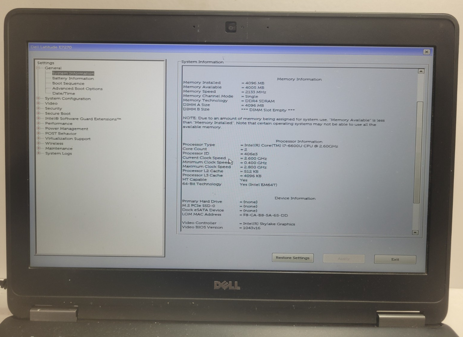 Dell latitude E7270 w/i7-6600U, 4GB RAM, 12.5″ Laptop for Repair #0416