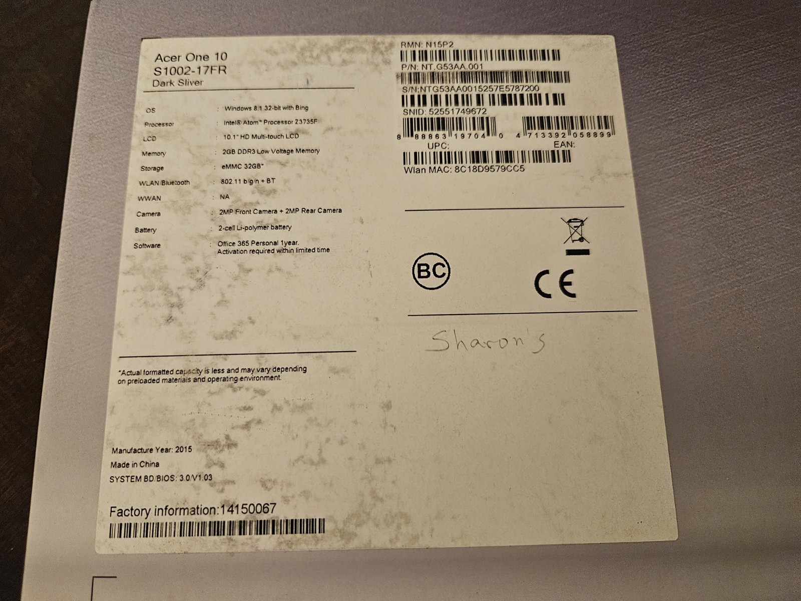 2015 ACER One 10 windows 10 S1002-17FR Dark silver Laptop with box