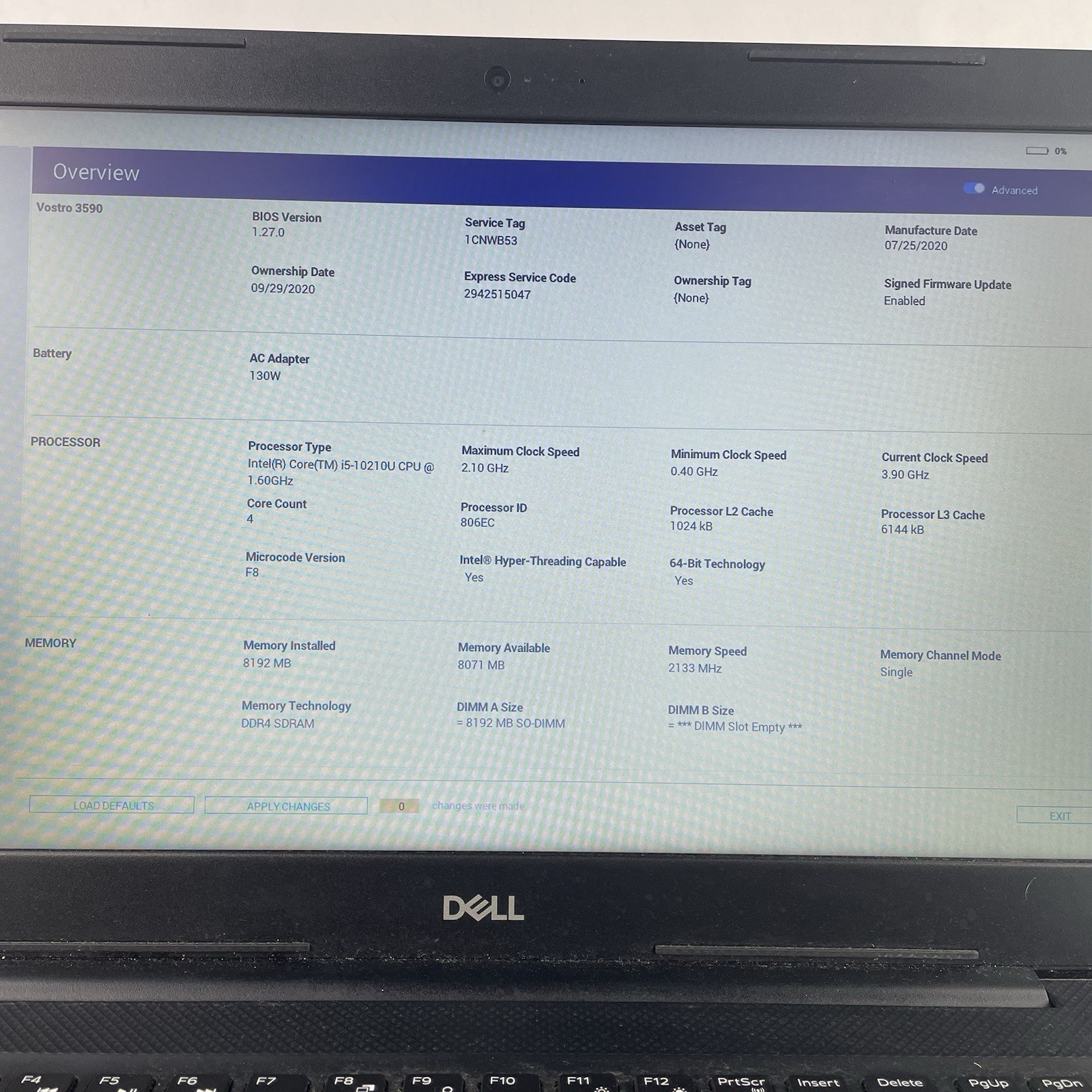 Dell Vostro 3590 15.6″ i5-10210U 1.60 GHz 8 GB RAM No SSD No OS No Battery