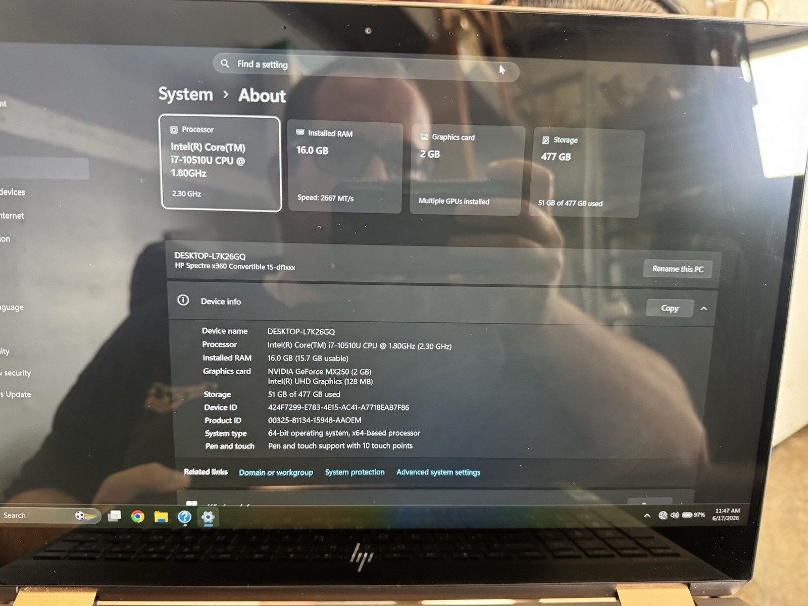 HP Spectre x360 15-df1xxx 15.6″ i7-10510U 16GB 477GB SSD MX250 W11 Black