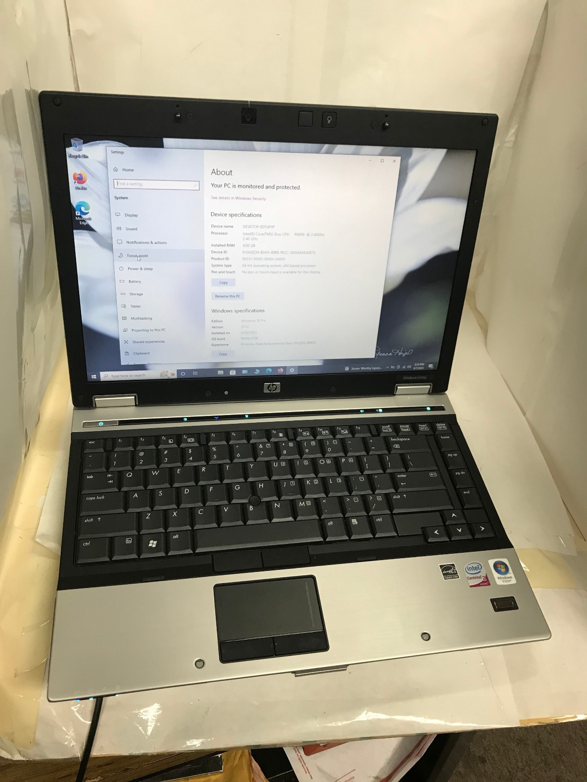 hp elitbook 6930p duo CPU P8600@ 2.4-2.40 4 gig ram systim type 64-bit operating