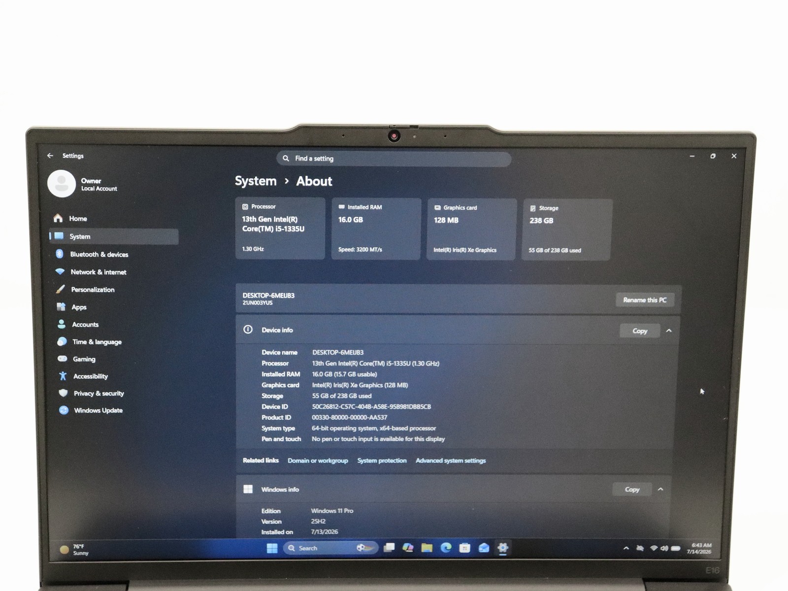 Lenovo ThinkPad E16 Gen 1 16″ Intel i5-1335U 16GB 256GB NVMe Win 11 Pro