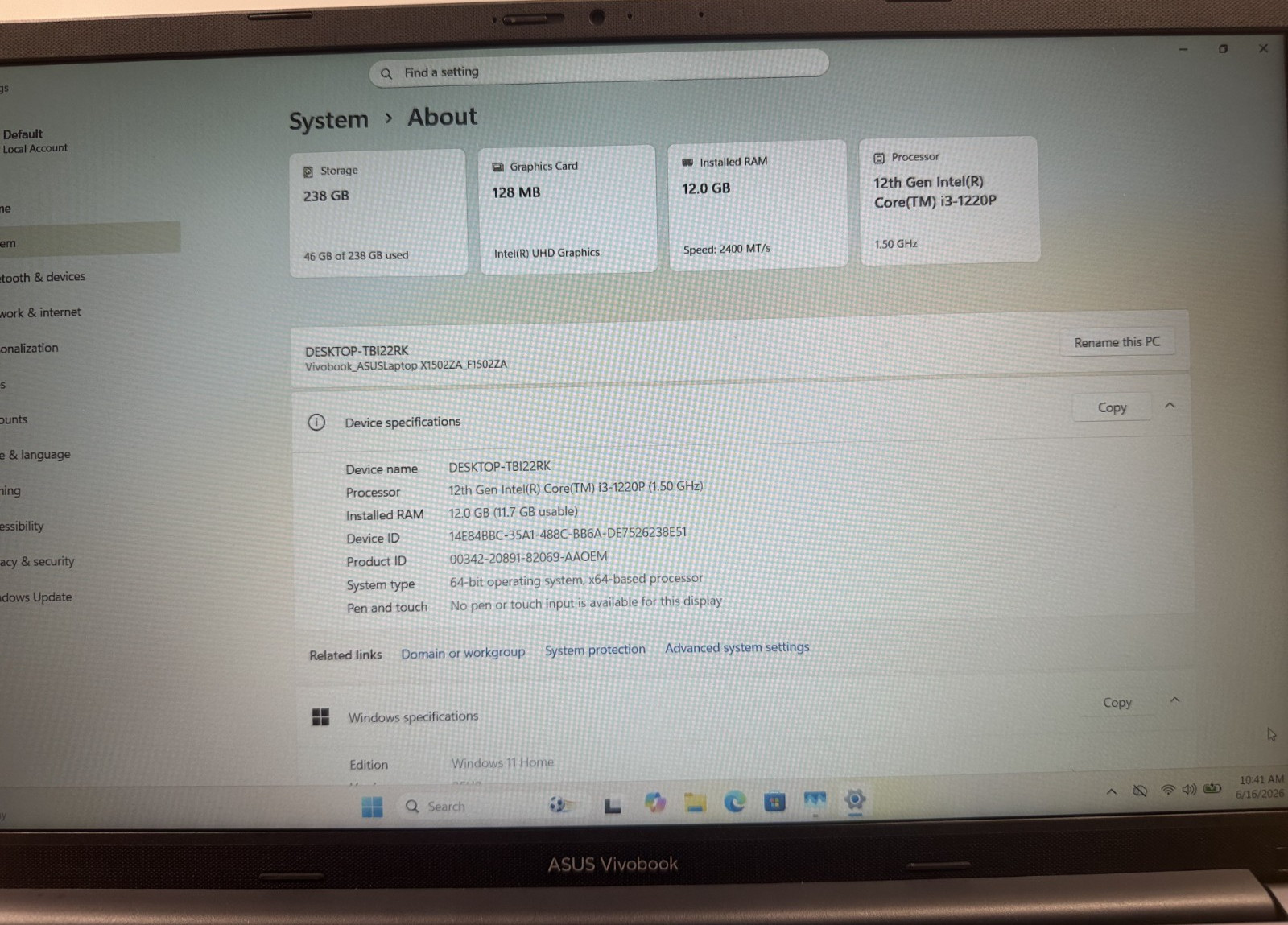 Asus VivoBook F1502ZA i3-1220P 1.50Ghz 12GB RAM 256GB NVMe Laptop Win 11