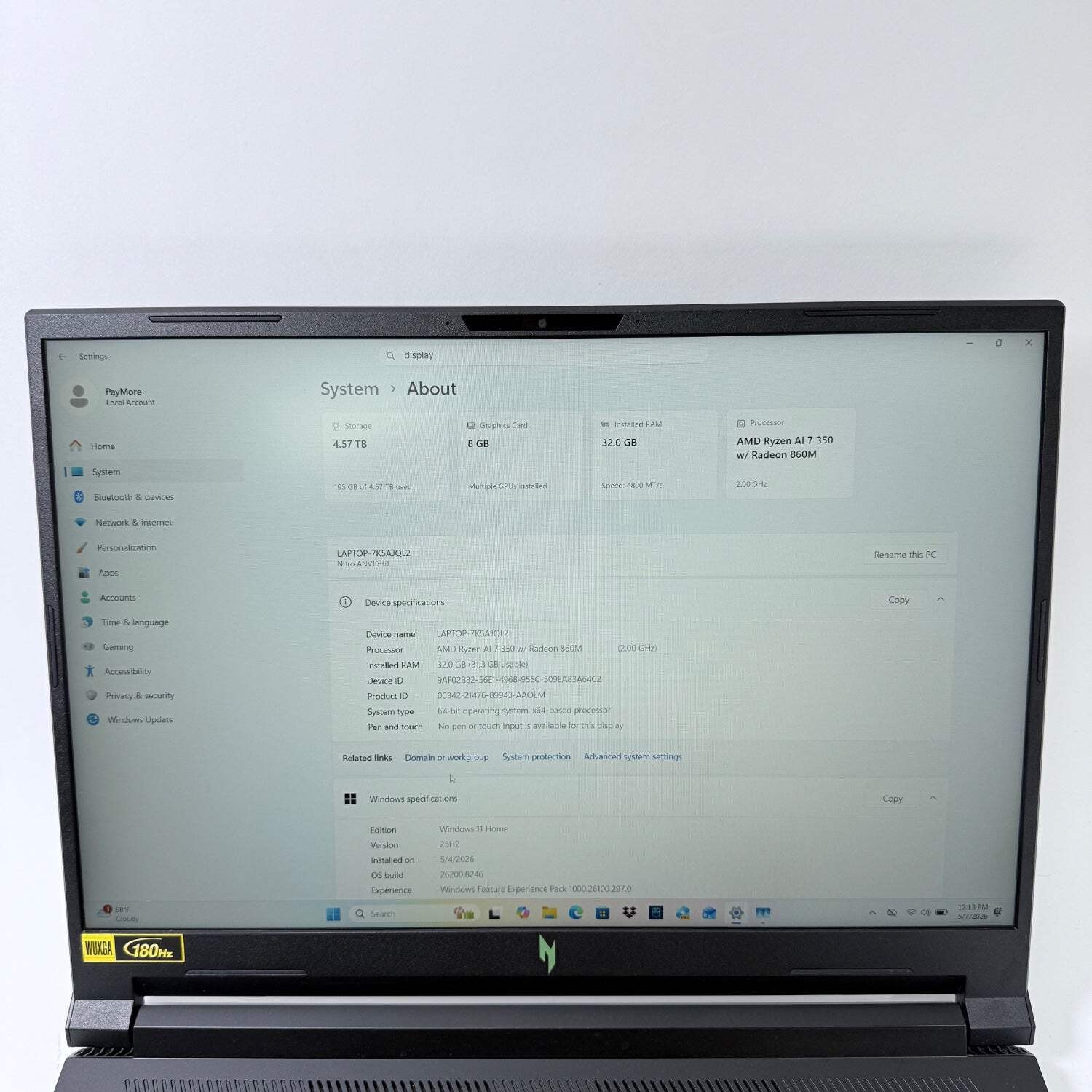 Acer Nitro V16 Ryzen AI 7 350 2.0GHz 32GB RAM 1TB SSD GeForce RTX 5060