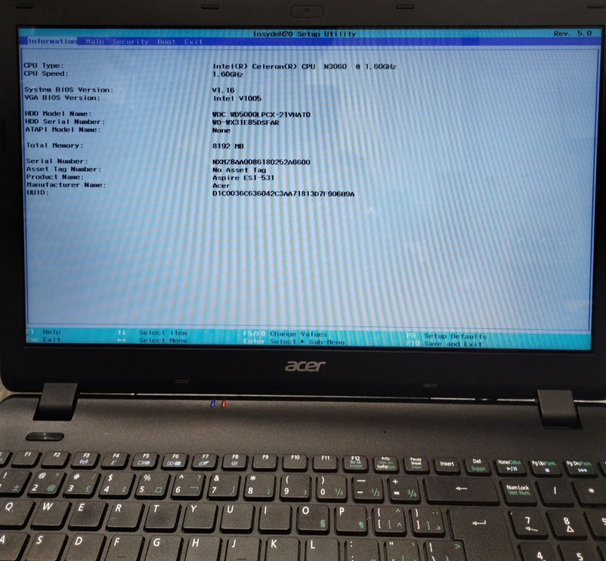 Acer Aspire ES1-531 N15W4 15.6″ Laptop N3060 1.60 8GB RAM 500GB HDD W10H H3942