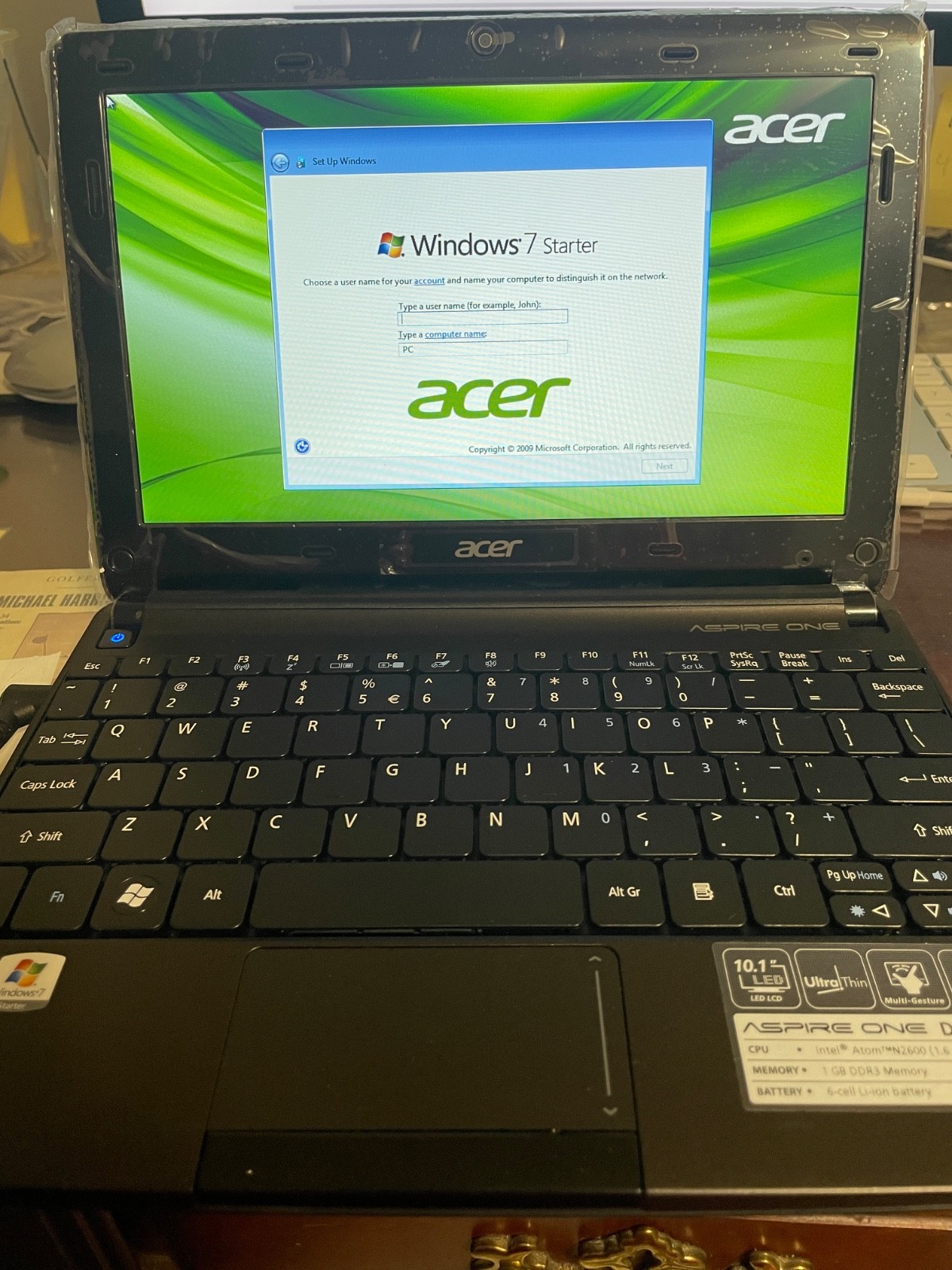 Acer Aspire One D255E Intel Atom N455 1.66GHz, Boots to Fresh W7 Starter.