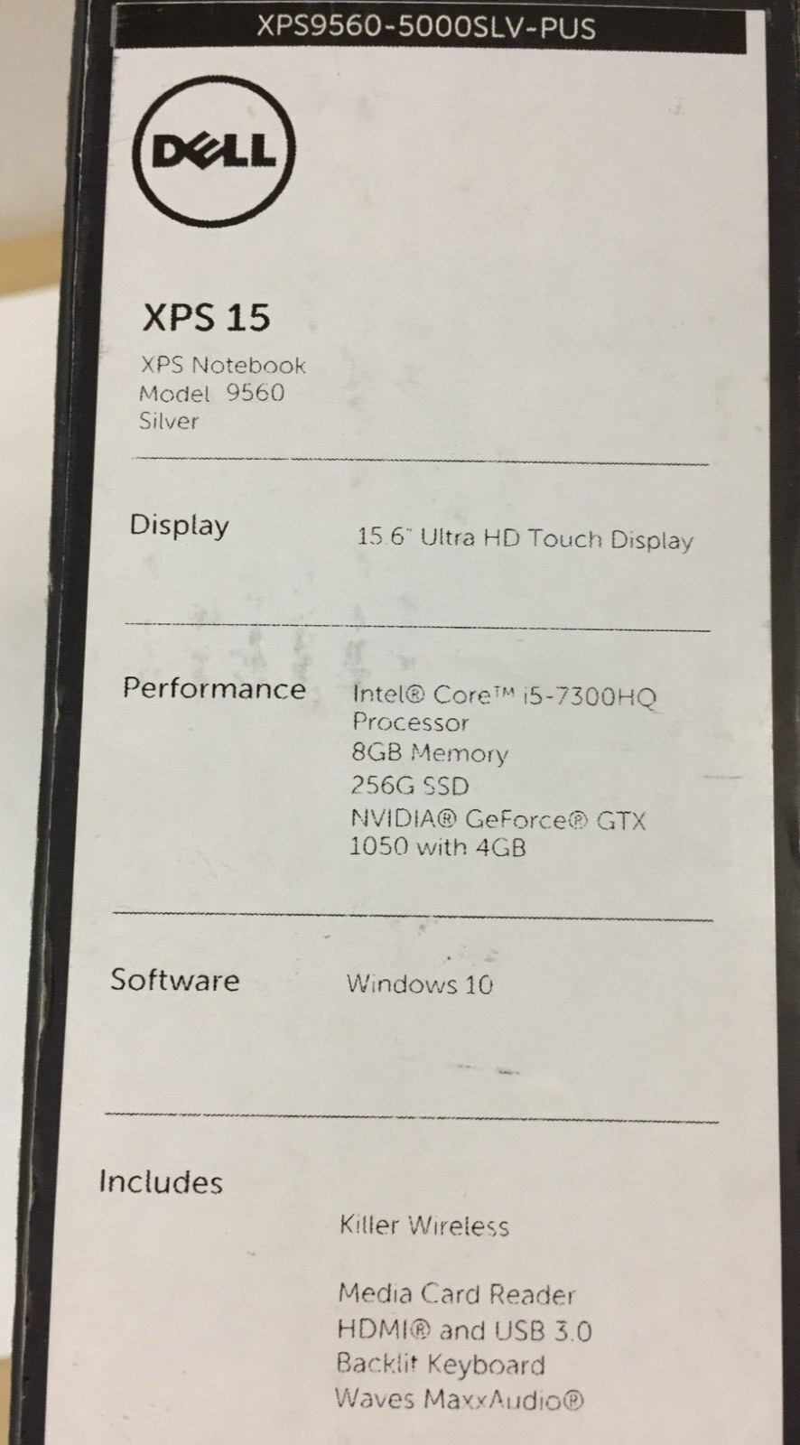 Dell XPS 9560-5000SLV-PUS 15.6 Touch Laptop/i5-7300HQ/8GB/256GB SSD/GTX 1050/W10