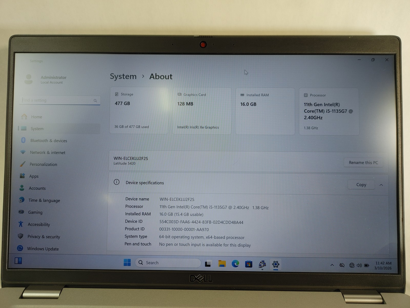 Dell Latitude 5420 Core i5-1135G7 2.40 GHz 16 GB DDR4 512 GB NVMe Windows 11 Pro