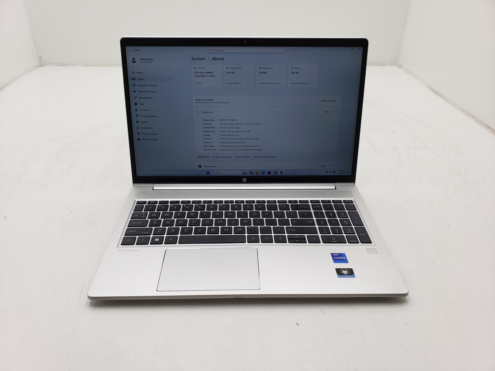 HP ProBook 450 G9 i7-1255U 16GB RAM 256GB SSD 15.6in Iris Graphics 128MB Tested