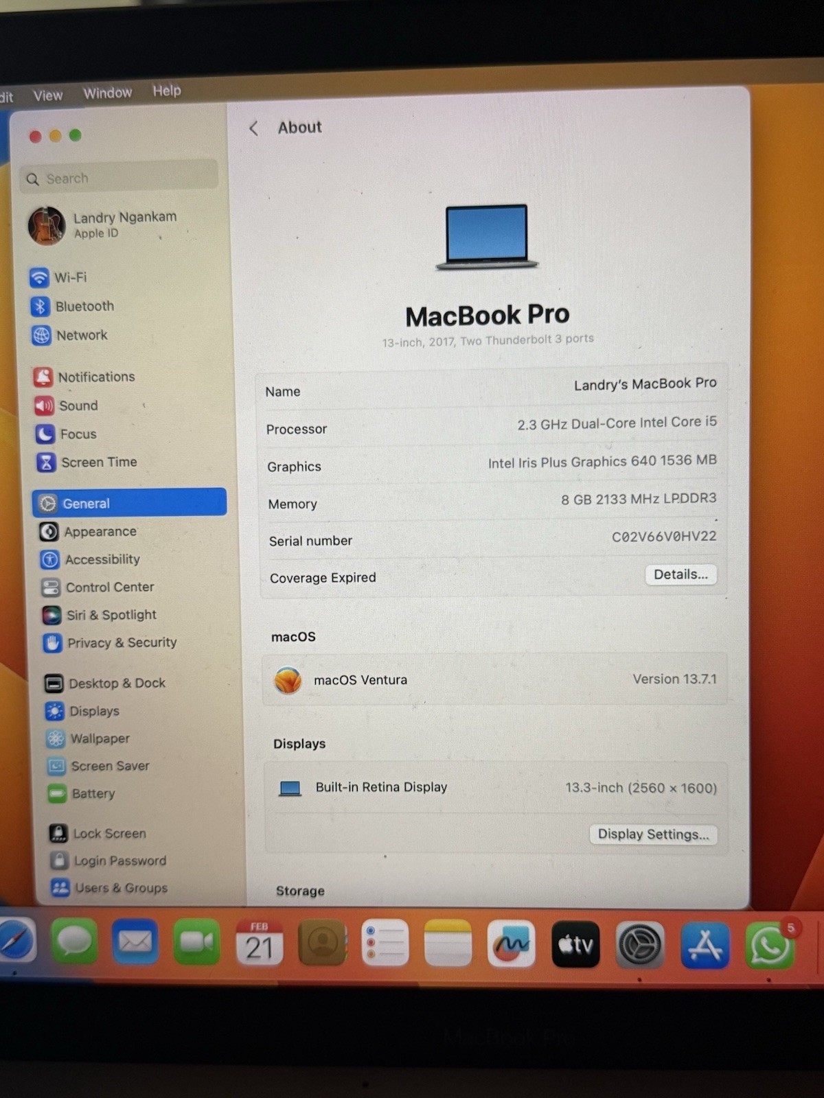 Apple MacBook Pro a1708 Intel i5-7360U 8GB RAM 128GB NVMe Ventura 13.6.8