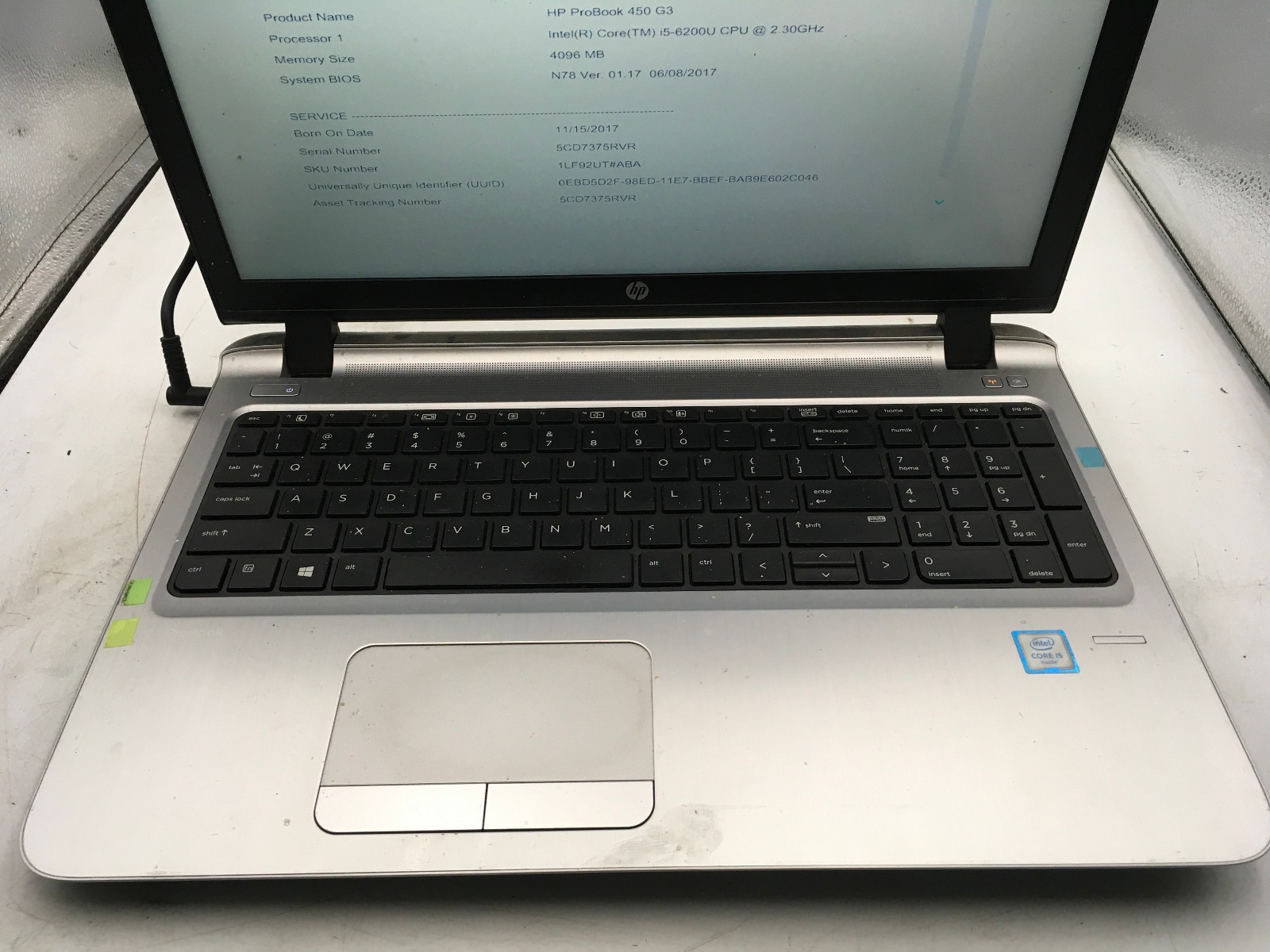 HP PROBOOK 450 G3 – BOOTS TO BIOS – INTEL I5 6200U – NO RAM – NO OS – READ – BB!