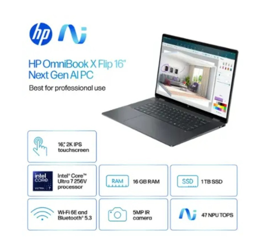 HP – OmniBook X Flip 2-in-1 – Copilot+ PC – 16″ 2K Touch-Screen Laptop – Intel C
