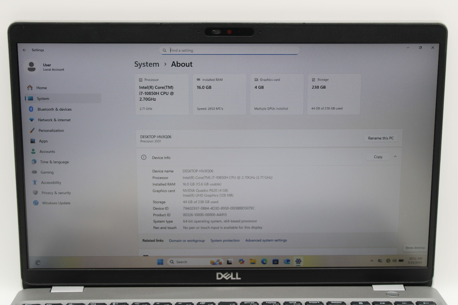 Dell Precision 3551 _ i7-10850H _ 16GB / 256GB _ NVIDIA P620 _ W11H