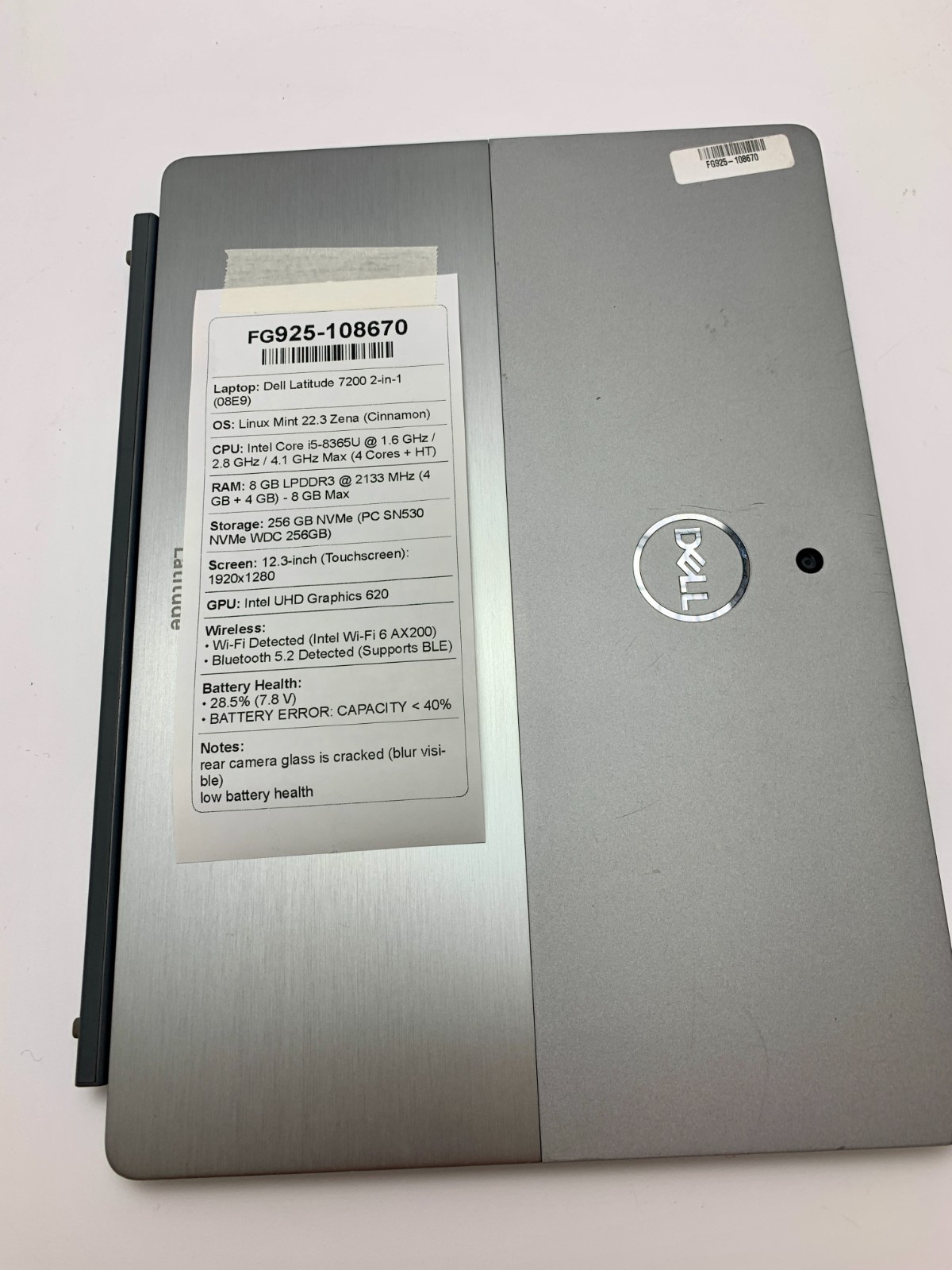 Dell Latitude 7200 2-in-1 | i5-8365U | 8GB RAM | 256GB NVMe | LINUX | READ