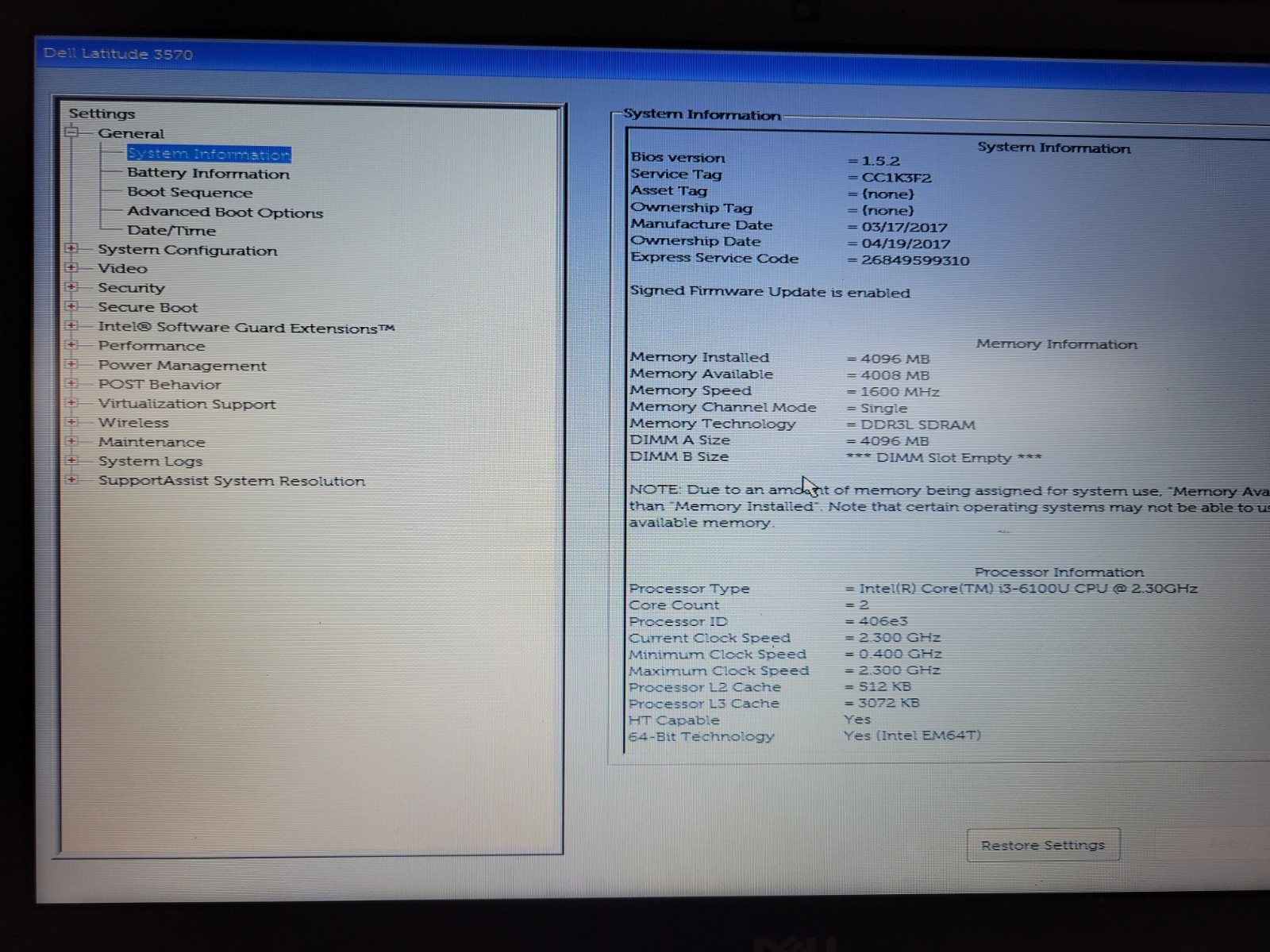 Dell Latitude 3570 i3-6100U@2.3GHz 4GB RAM No HD/OS *BIOS/No battery* | C763