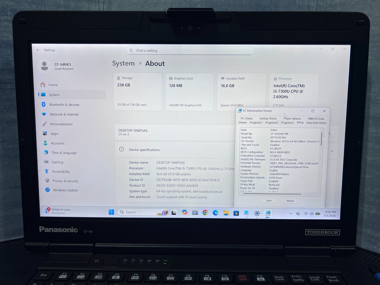 CF-54J2487VM, i5-7300U @2.60GHz, 256GB SSD M.2, 16GB, TOUCHSCREEN, 4G LTE, 4240H