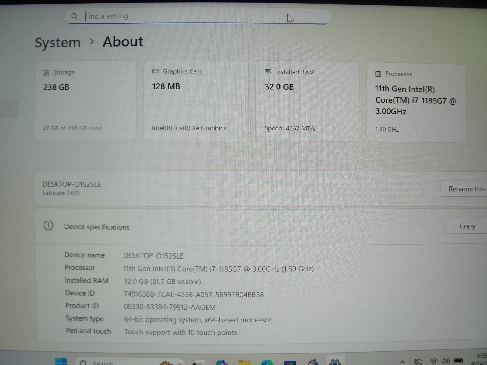 Dell Latitude 7420 Touch 14″FHD i7-11th Gen vPRO 3.0GHz 32GB RAM 256GB SSD+PA