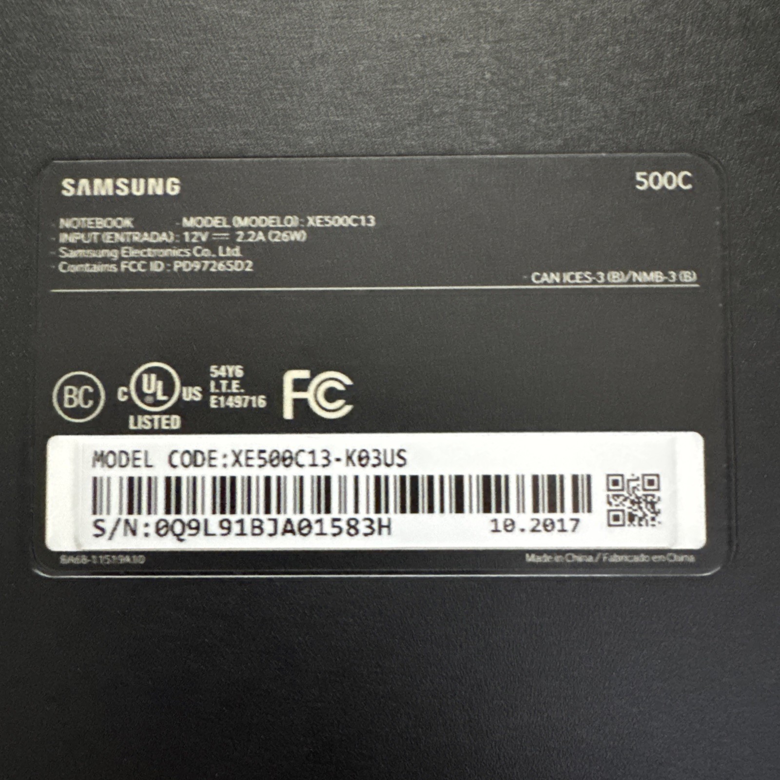 Samsung Chromebook XE500C13 Intel Processor NO CHARGER