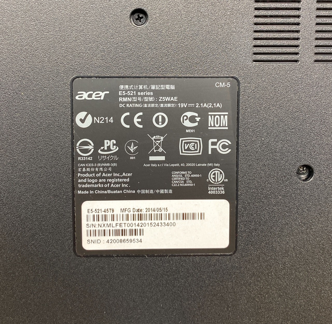 Acer Aspire E5-521-45T9/ AMD CPU A4-6210 1.80GHZ/RAM 4GB/SSD 120GB/W11 Pro