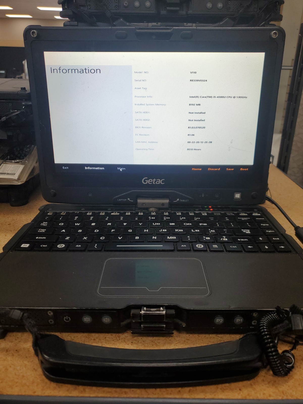 GETAC V110 Laptop Tablet Touch Screen i5-4300U 1.90GHz 8gB No HDD 9510hrs