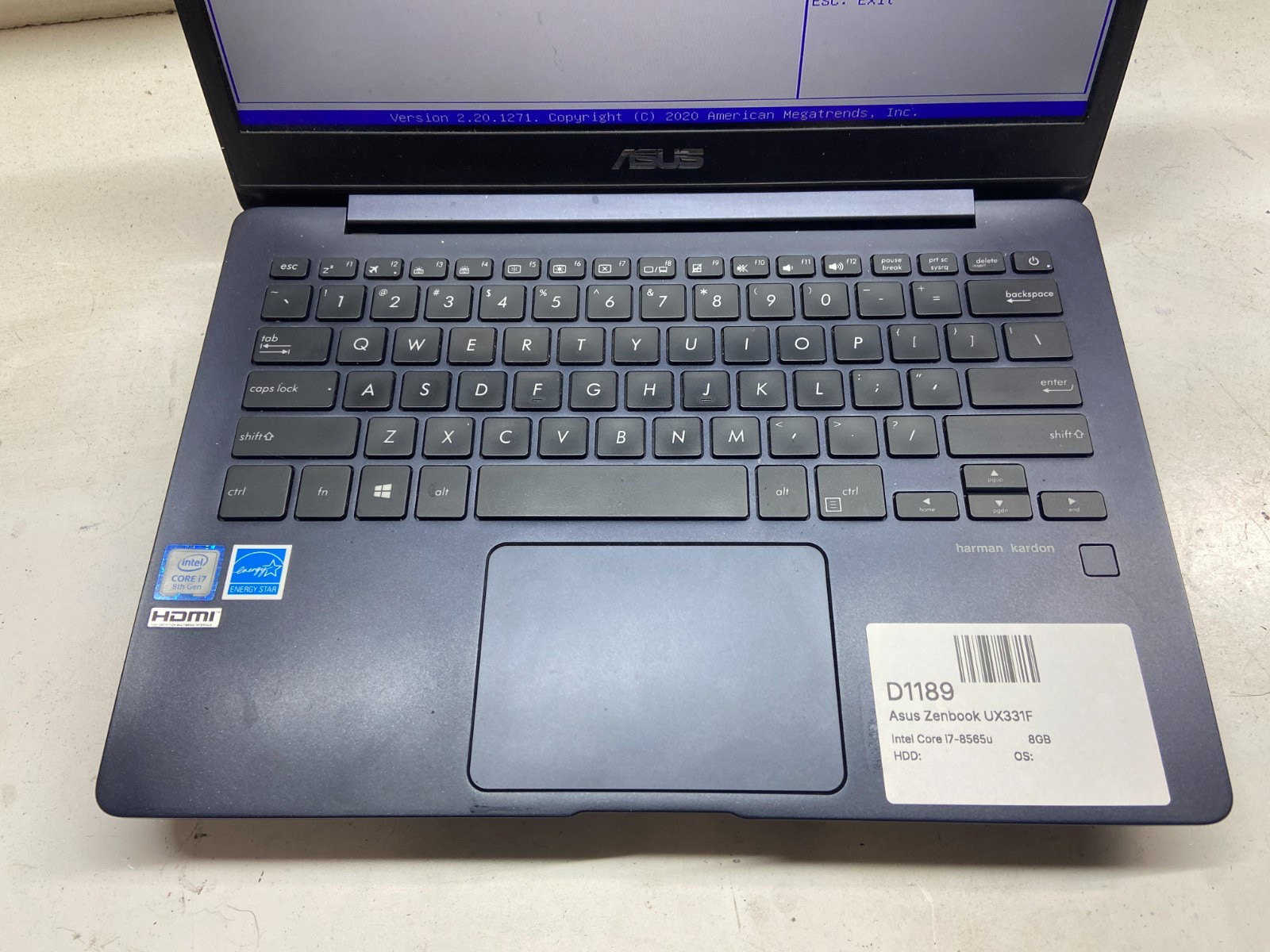 Asus Zenbook UX331F Intel Core i7-8565u 1.8GHz 8GB NO HDD