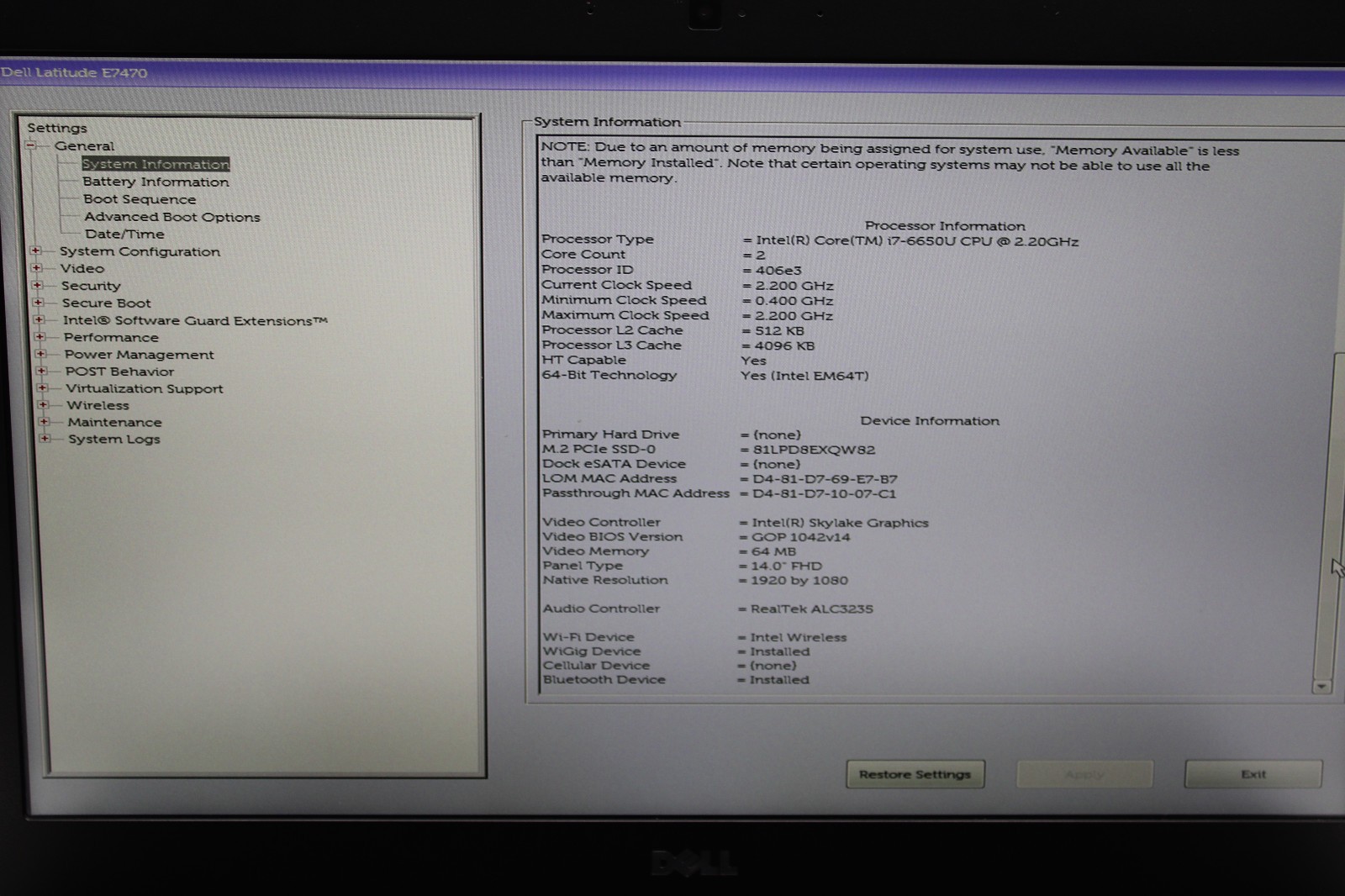 Dell Latitude E7470 _ i7-6650U @ 2.2 GHz 8GB RAM 256GB SSD No OS