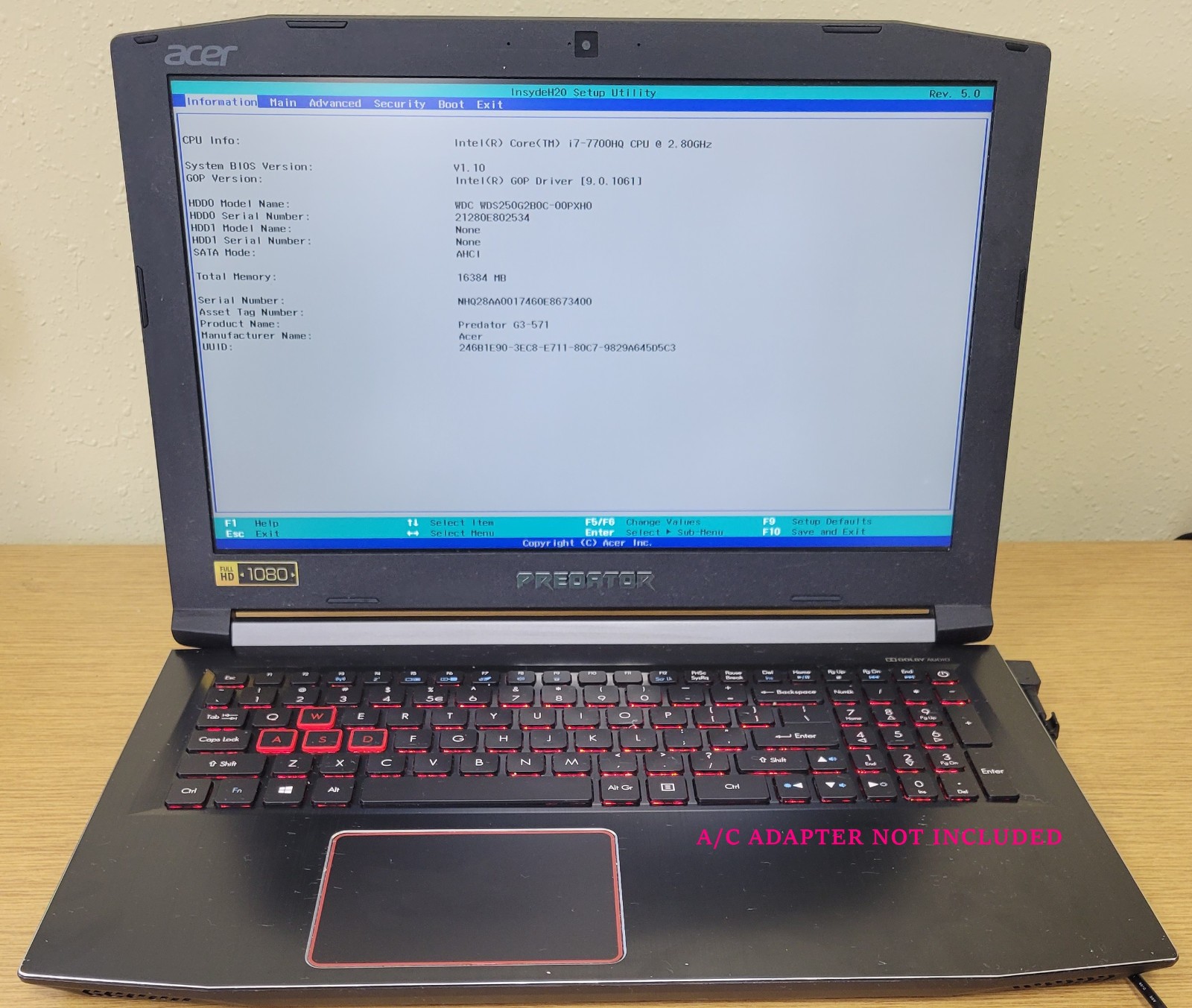 ACER Predator Hellios300 G3-571 i7-7700HQ 2.80GHz 16GB 250GB NVMe Gtx 1060 No OS