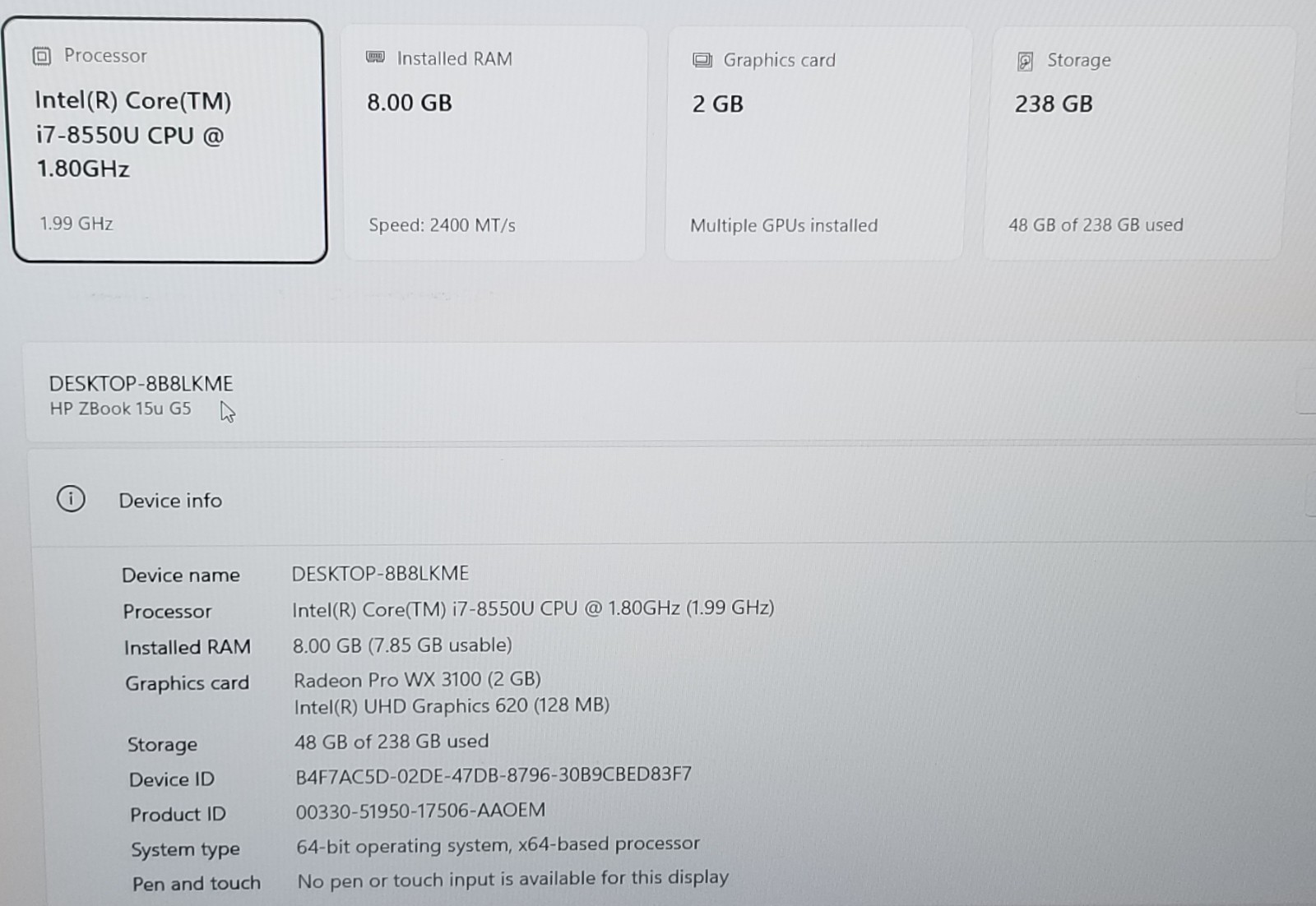 HP Zbook 15u G5 15.6″ Laptop i7-8550U, 8GB RAM 256GB SSD PRO WX 3100 WIN 11 PRO
